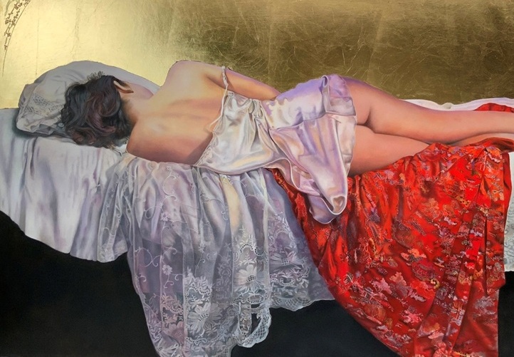 The Kimono Confinement, 2020 – Oil on Panel, 62 x 95 cm – Ginny Page